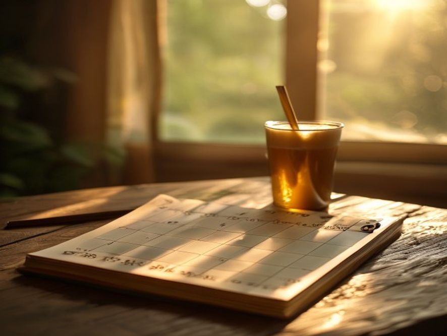 En ljus morgonscen med kaffe och öppen kalender